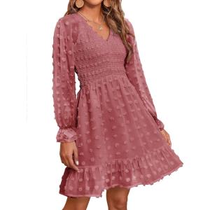 BTFBM Spring Dresses for Women 2026 Long Sleeve Casual V Neck Swiss Dot Smocked Ruffle Chiffon Flowy Mini Summer Dress(Bean Paste Red)