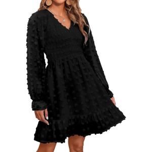 BTFBM Spring Dresses for Women 2026 Long Sleeve Casual V Neck Swiss Dot Smocked Ruffle Chiffon Flowy Mini Summer Dress(Black)