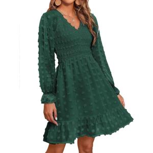 BTFBM Spring Dresses for Women 2026 Long Sleeve Casual V Neck Swiss Dot Smocked Ruffle Chiffon Flowy Mini Summer Dress(Dark Green)