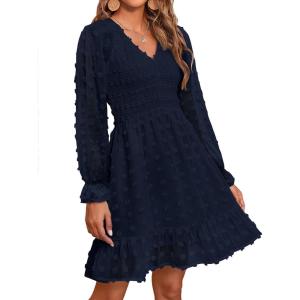 BTFBM Spring Dresses for Women 2026 Long Sleeve Casual V Neck Swiss Dot Smocked Ruffle Chiffon Flowy Mini Summer Dress(Navy)