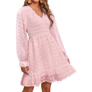 BTFBM Spring Dresses for Women 2026 Long Sleeve Casual V Neck Swiss Dot Smocked Ruffle Chiffon Flowy Mini Summer Dress(Pink)
