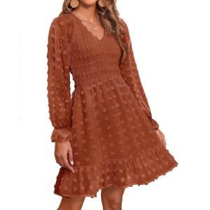 BTFBM Spring Dresses for Women 2026 Long Sleeve Casual V Neck Swiss Dot Smocked Ruffle Chiffon Flowy Mini Summer Dress(Red Brown)