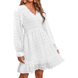 BTFBM Spring Dresses for Women 2026 Long Sleeve Casual V Neck Swiss Dot Smocked Ruffle Chiffon Flowy Mini Summer Dress(White)