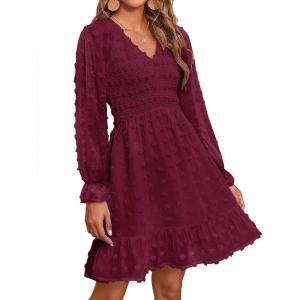BTFBM Spring Dresses for Women 2026 Long Sleeve Casual V Neck Swiss Dot Smocked Ruffle Chiffon Flowy Mini Summer Dress(Wine Red)