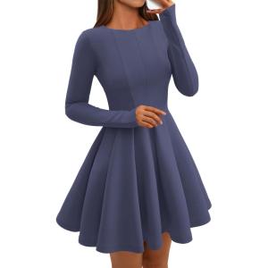 BTFBM Spring Dresses for Women 2026 Long Sleeve High Waist Pleated Flowy Aline Party Wedding Guest Dress Business Casual(Grey Blue)