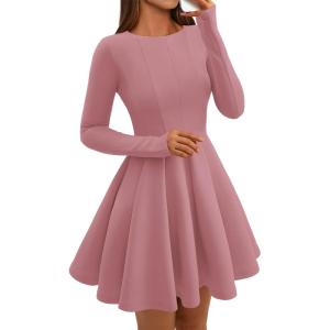BTFBM Spring Dresses for Women 2026 Long Sleeve High Waist Pleated Flowy Aline Party Wedding Guest Dress Business Casual(Pink)