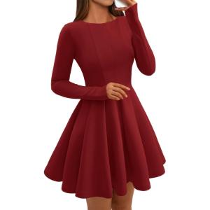 BTFBM Spring Dresses for Women 2026 Long Sleeve High Waist Pleated Flowy Aline Party Wedding Guest Dress Business Casual(Red)