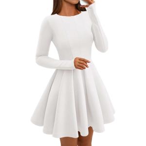 BTFBM Spring Dresses for Women 2026 Long Sleeve High Waist Pleated Flowy Aline Party Wedding Guest Dress Business Casual(White)