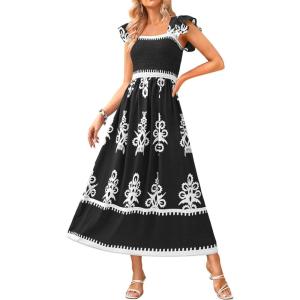 BTFBM Summer Dresses for Women 2026 Floral Smocked Boho Sleeveless Square Neck A Line Casual Beach Maxi Dress Pockets(Black)