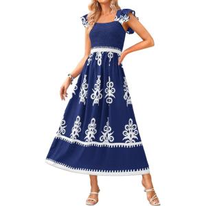 BTFBM Summer Dresses for Women 2026 Floral Smocked Boho Sleeveless Square Neck A Line Casual Beach Maxi Dress Pockets(Dark Blue)