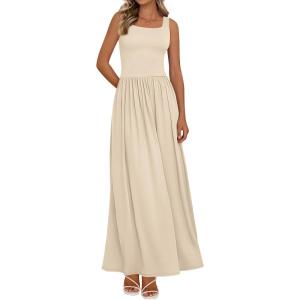 BTFBM Summer Dresses for Women 2026 Maxi Casual Square Neck Flowy Long Sundress Spring Wedding Guest Cocktail Dress(Beige)