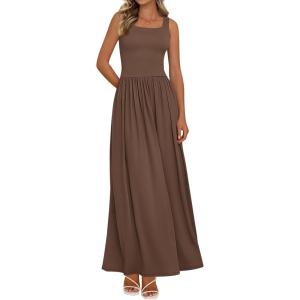 BTFBM Summer Dresses for Women 2026 Maxi Casual Square Neck Flowy Long Sundress Spring Wedding Guest Cocktail Dress(Brown)