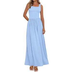 BTFBM Summer Dresses for Women 2026 Maxi Casual Square Neck Flowy Long Sundress Spring Wedding Guest Cocktail Dress(Light Blue)