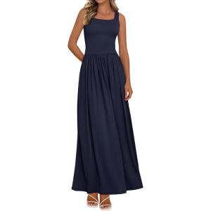 BTFBM Summer Dresses for Women 2026 Maxi Casual Square Neck Flowy Long Sundress Spring Wedding Guest Cocktail Dress(Navy Blue)