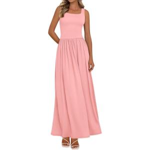 BTFBM Summer Dresses for Women 2026 Maxi Casual Square Neck Flowy Long Sundress Spring Wedding Guest Cocktail Dress(Pink)