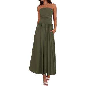 BTFBM Summer Maxi Dresses for Women 2026 Strapless Ruched Tube Top Beach Vacation Spring Wedding Guest Dress Pockets(Army Green)