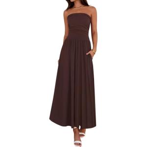 BTFBM Summer Maxi Dresses for Women 2026 Strapless Ruched Tube Top Beach Vacation Spring Wedding Guest Dress Pockets(Brown)