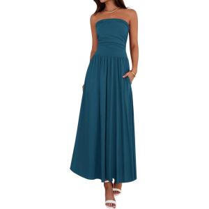 BTFBM Summer Maxi Dresses for Women 2026 Strapless Ruched Tube Top Beach Vacation Spring Wedding Guest Dress Pockets(Dark Blue)