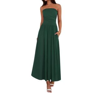 BTFBM Summer Maxi Dresses for Women 2026 Strapless Ruched Tube Top Beach Vacation Spring Wedding Guest Dress Pockets(Dark Green)