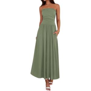 BTFBM Summer Maxi Dresses for Women 2026 Strapless Ruched Tube Top Beach Vacation Spring Wedding Guest Dress Pockets(Green)