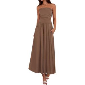 BTFBM Summer Maxi Dresses for Women 2026 Strapless Ruched Tube Top Beach Vacation Spring Wedding Guest Dress Pockets(Light Brown)