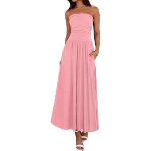 BTFBM Summer Maxi Dresses for Women 2026 Strapless Ruched Tube Top Beach Vacation Spring Wedding Guest Dress Pockets(Pink)