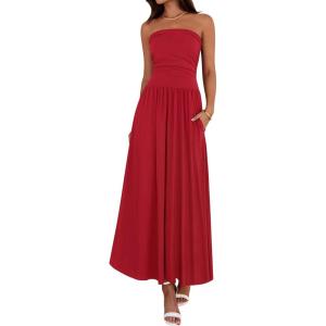 BTFBM Summer Maxi Dresses for Women 2026 Strapless Ruched Tube Top Beach Vacation Spring Wedding Guest Dress Pockets(Red)