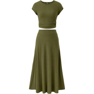 BTFBM Summer Outfits For Women 2026 Two Piece Sets Casual Crew Neck Short Sleeve Cropped Spring Tops Midi Skirt Lounge Set(Army Green)