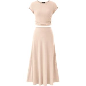 BTFBM Summer Outfits For Women 2026 Two Piece Sets Casual Crew Neck Short Sleeve Cropped Spring Tops Midi Skirt Lounge Set(Beige)
