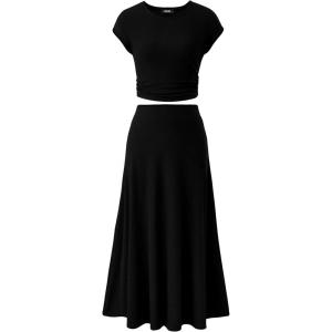 BTFBM Summer Outfits For Women 2026 Two Piece Sets Casual Crew Neck Short Sleeve Cropped Spring Tops Midi Skirt Lounge Set(Black)