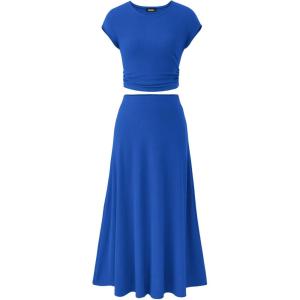 BTFBM Summer Outfits For Women 2026 Two Piece Sets Casual Crew Neck Short Sleeve Cropped Spring Tops Midi Skirt Lounge Set(Blue)