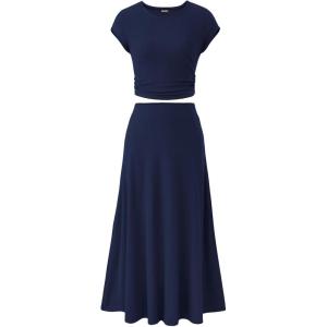 BTFBM Summer Outfits For Women 2026 Two Piece Sets Casual Crew Neck Short Sleeve Cropped Spring Tops Midi Skirt Lounge Set(Dark Blue)