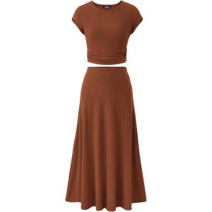 BTFBM Summer Outfits For Women 2026 Two Piece Sets Casual Crew Neck Short Sleeve Cropped Spring Tops Midi Skirt Lounge Set(Dark Brown)