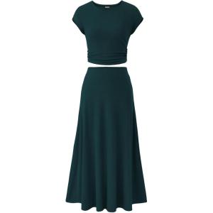 BTFBM Summer Outfits For Women 2026 Two Piece Sets Casual Crew Neck Short Sleeve Cropped Spring Tops Midi Skirt Lounge Set(Dark Green)