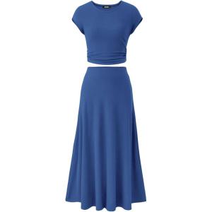 BTFBM Summer Outfits For Women 2026 Two Piece Sets Casual Crew Neck Short Sleeve Cropped Spring Tops Midi Skirt Lounge Set(Deep Blue)
