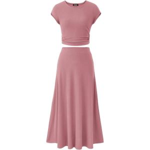 BTFBM Summer Outfits For Women 2026 Two Piece Sets Casual Crew Neck Short Sleeve Cropped Spring Tops Midi Skirt Lounge Set(Dusty Pink)