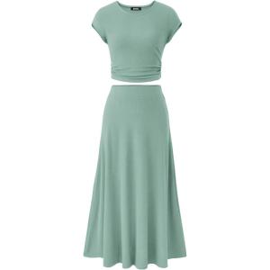 BTFBM Summer Outfits For Women 2026 Two Piece Sets Casual Crew Neck Short Sleeve Cropped Spring Tops Midi Skirt Lounge Set(Fruit Green)