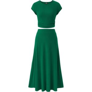BTFBM Summer Outfits For Women 2026 Two Piece Sets Casual Crew Neck Short Sleeve Cropped Spring Tops Midi Skirt Lounge Set(Green)