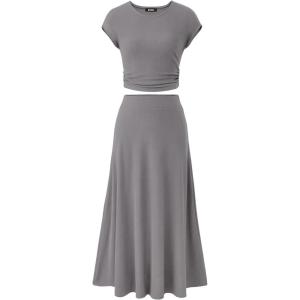BTFBM Summer Outfits For Women 2026 Two Piece Sets Casual Crew Neck Short Sleeve Cropped Spring Tops Midi Skirt Lounge Set(Grey)