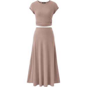 BTFBM Summer Outfits For Women 2026 Two Piece Sets Casual Crew Neck Short Sleeve Cropped Spring Tops Midi Skirt Lounge Set(Khaki)