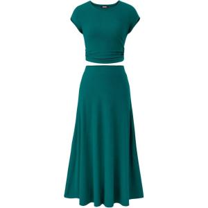 BTFBM Summer Outfits For Women 2026 Two Piece Sets Casual Crew Neck Short Sleeve Cropped Spring Tops Midi Skirt Lounge Set(Lake Green)
