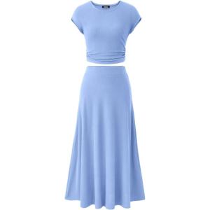 BTFBM Summer Outfits For Women 2026 Two Piece Sets Casual Crew Neck Short Sleeve Cropped Spring Tops Midi Skirt Lounge Set(Light Blue)