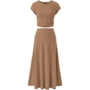 BTFBM Summer Outfits For Women 2026 Two Piece Sets Casual Crew Neck Short Sleeve Cropped Spring Tops Midi Skirt Lounge Set(Light Brown)
