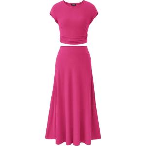 BTFBM Summer Outfits For Women 2026 Two Piece Sets Casual Crew Neck Short Sleeve Cropped Spring Tops Midi Skirt Lounge Set(Rose Red)