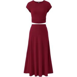 BTFBM Summer Outfits For Women 2026 Two Piece Sets Casual Crew Neck Short Sleeve Cropped Spring Tops Midi Skirt Lounge Set(Wine Red)
