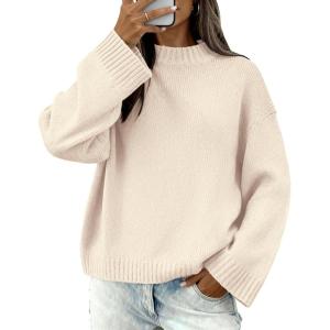 BTFBM Sweaters for Women 2025 Casual Crewneck Long Sleeve Loose Ribbed Knit Pullover Sweater Winter Clothes Fall Outfits(Beige)