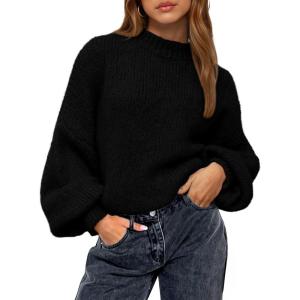 BTFBM Sweaters for Women Fall 2025 Crew Neck Lantern Long Sleeve Oversized Sweater Casual Knit Winter Pullover Tops(Black)