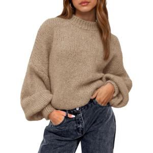BTFBM Sweaters for Women Fall 2025 Crew Neck Lantern Long Sleeve Oversized Sweater Casual Knit Winter Pullover Tops(Khaki)