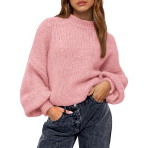 BTFBM Sweaters for Women Fall 2025 Crew Neck Lantern Long Sleeve Oversized Sweater Casual Knit Winter Pullover Tops(Pink)
