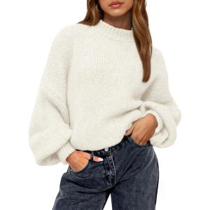 BTFBM Sweaters for Women Fall 2025 Crew Neck Lantern Long Sleeve Oversized Sweater Casual Knit Winter Pullover Tops(White)